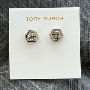 NWOT Tory Burch Silver Logo T Stud Earrings